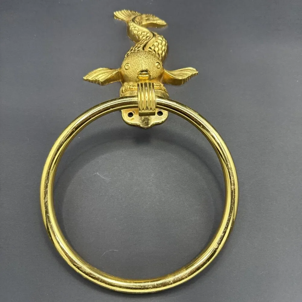 Vtg Koi Fish Bathroom Towel Ring Metal Gold or Brass Tone Rack Wall Holder MCM